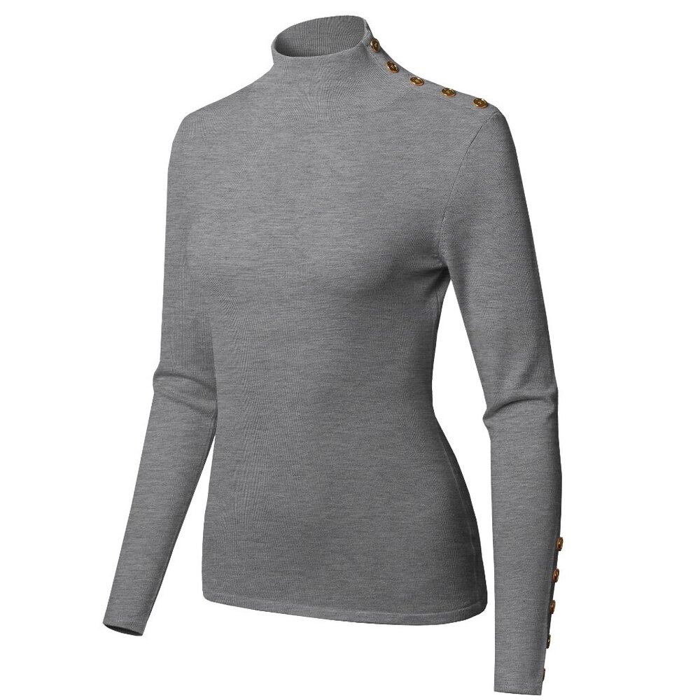 Cielo Grey Mock Neck Sweater Gold Button Shoulder Detail Knit Top Women’s Small